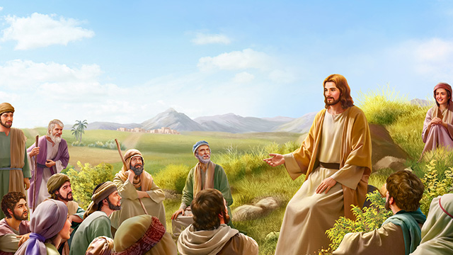 Gesù predica alle persone che lo seguono sulla montagna.